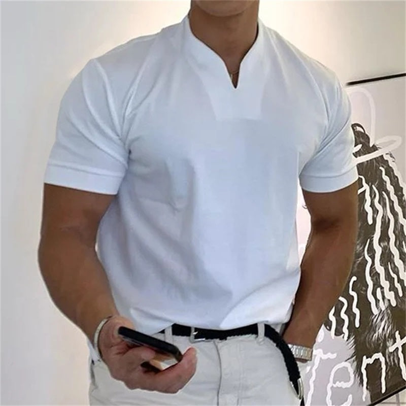 💎 Men’s Gentleman Business Short Sleeve T-Shirt – V-Neck, Breathable Cotton Blend & Available Up to 5XL 👕✨