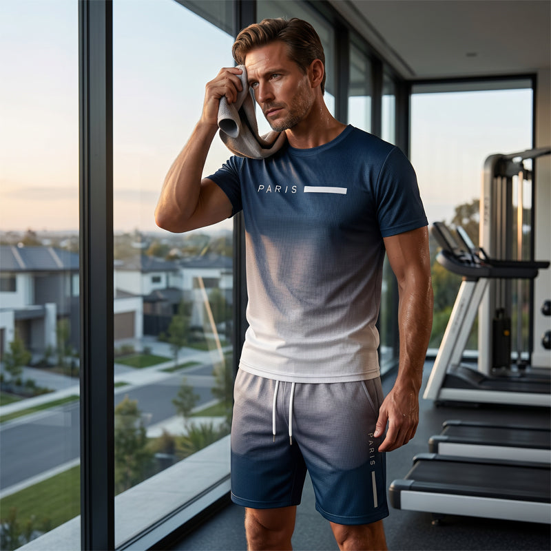 🌈👕 Men's Gradient Color 2-Piece Set – T-Shirt & Shorts, Breathable, Relaxed Fit 🩳