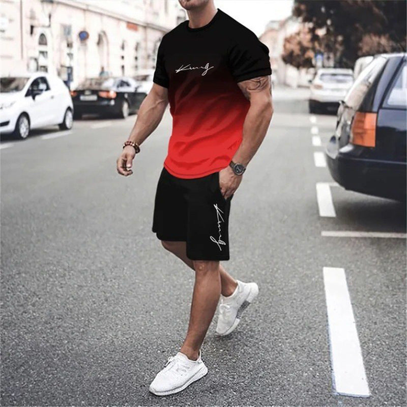 🌈👕 Men's Gradient Color 2-Piece Set – T-Shirt & Shorts, Breathable, Relaxed Fit 🩳