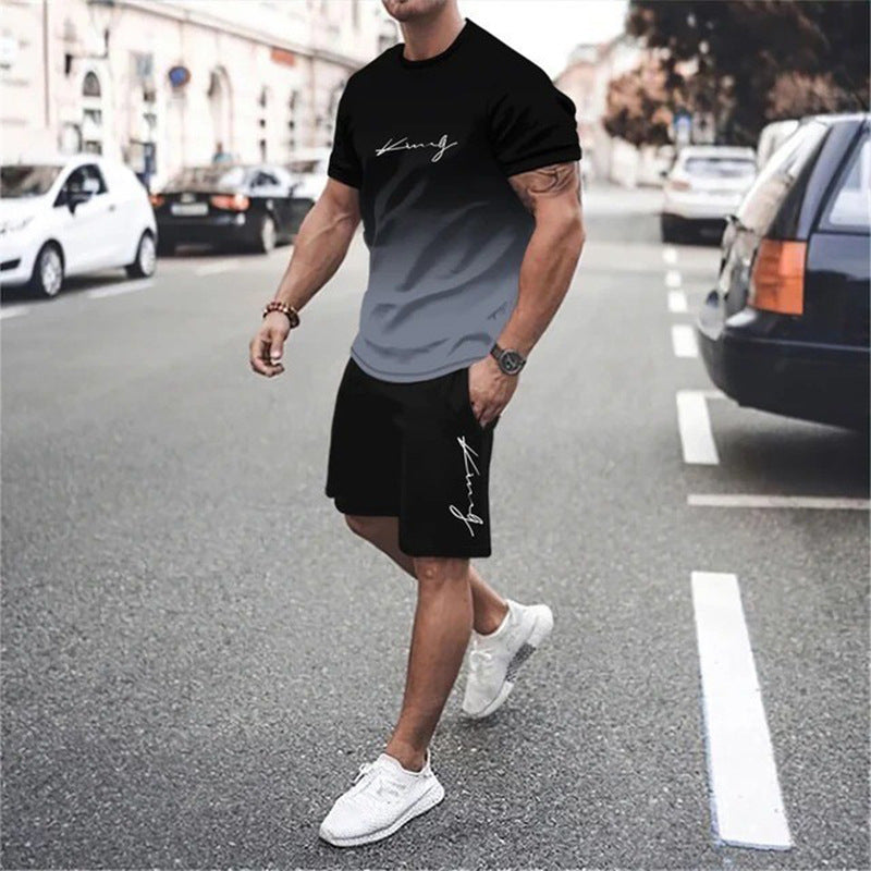 🌈👕 Men's Gradient Color 2-Piece Set – T-Shirt & Shorts, Breathable, Relaxed Fit 🩳