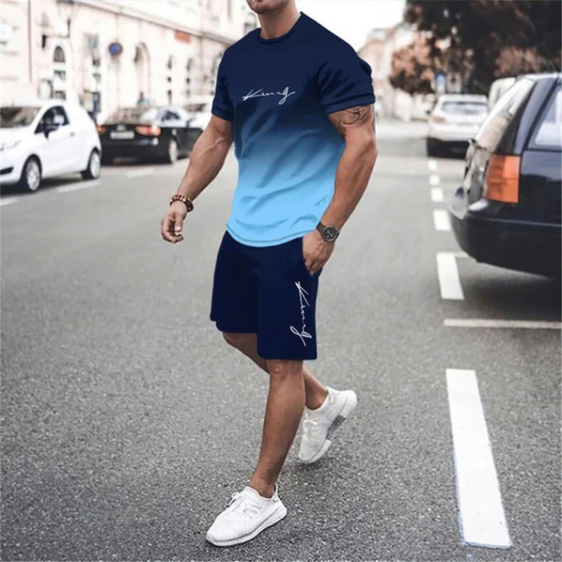 🌈👕 Men's Gradient Color 2-Piece Set – T-Shirt & Shorts, Breathable, Relaxed Fit 🩳