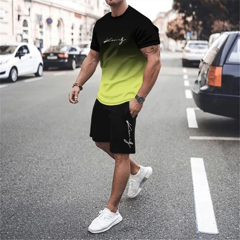 🌈👕 Men's Gradient Color 2-Piece Set – T-Shirt & Shorts, Breathable, Relaxed Fit 🩳