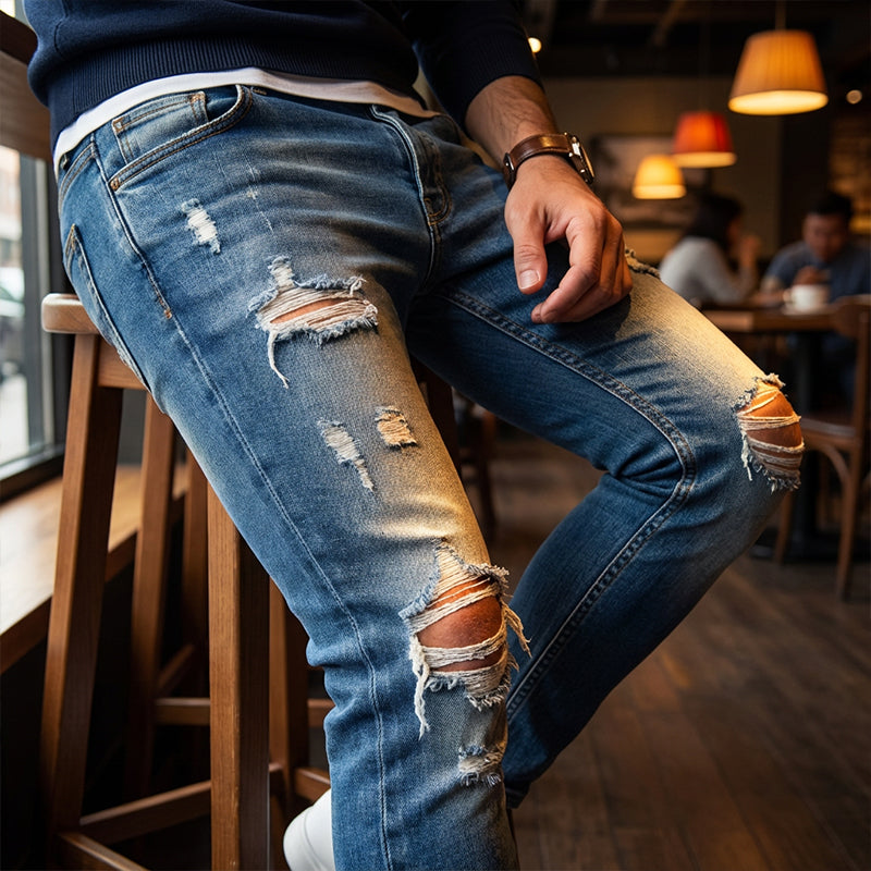 👖60% OFF! 🔥 Stylish Distressed Skinny Jeans for Men – Slim Tapered Fit, Breathable Cotton & Edgy Ripped Details