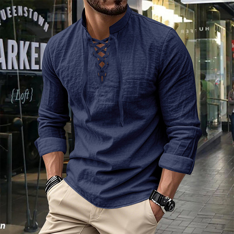 👔 50% OFF NOW! 💎 Men's Casual Solid Color Shirt – Lace-Up Neck, Modern Stand Collar & Breathable Cotton ✨