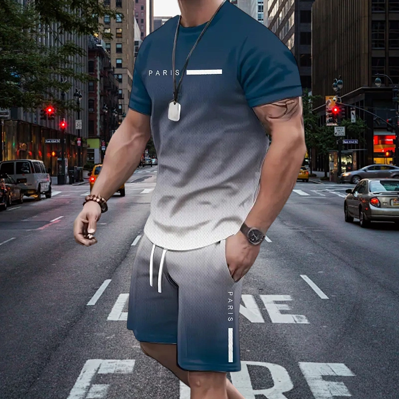 🌈👕 Men's Gradient Color 2-Piece Set – T-Shirt & Shorts, Breathable, Relaxed Fit 🩳