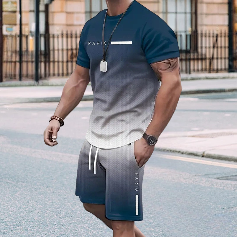 🌈👕 Men's Gradient Color 2-Piece Set – T-Shirt & Shorts, Breathable, Relaxed Fit 🩳