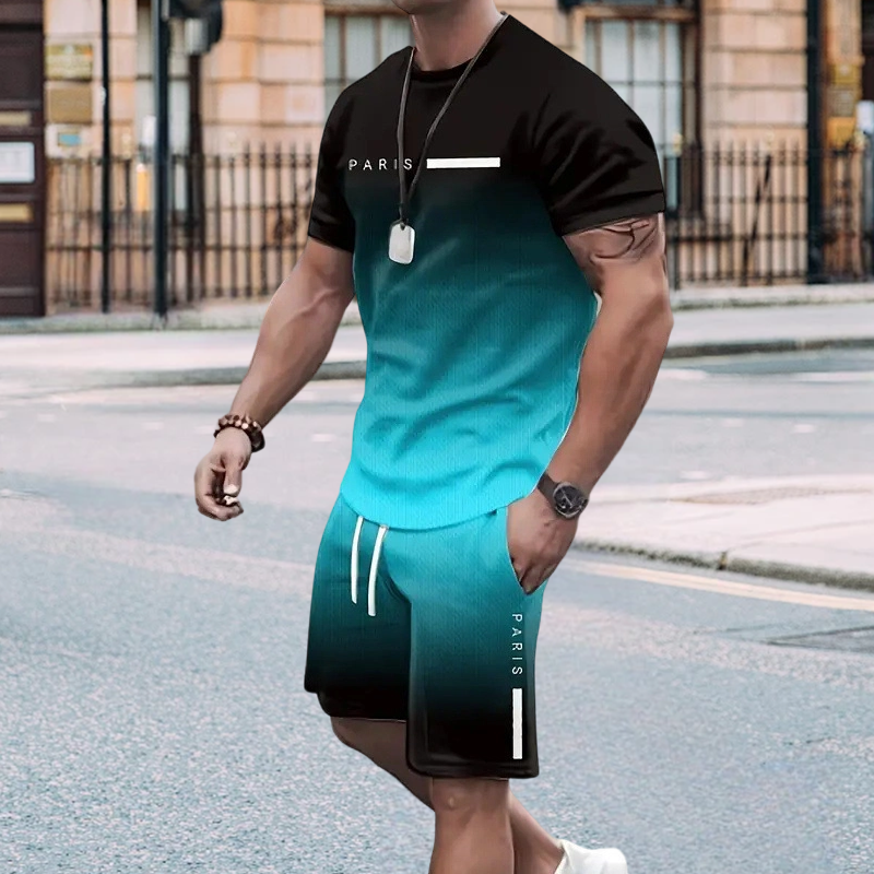 🌈👕 Men's Gradient Color 2-Piece Set – T-Shirt & Shorts, Breathable, Relaxed Fit 🩳