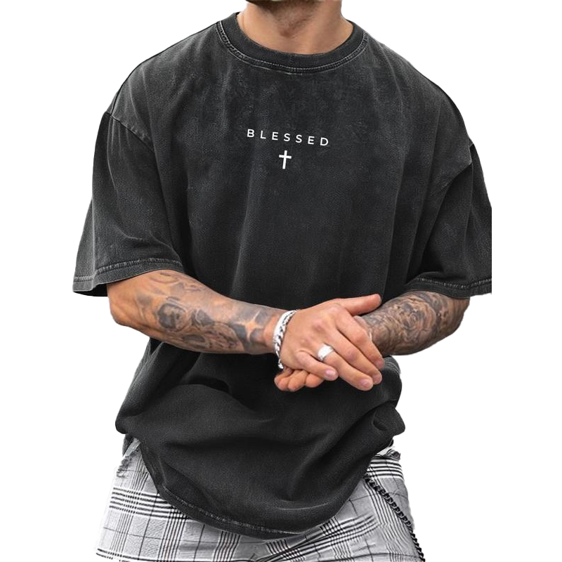 Men's Vintage T-Shirt with Cross & Letter Print