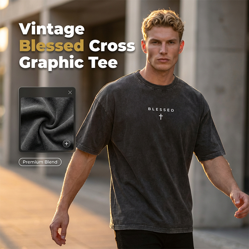 Men's Vintage T-Shirt with Cross & Letter Print