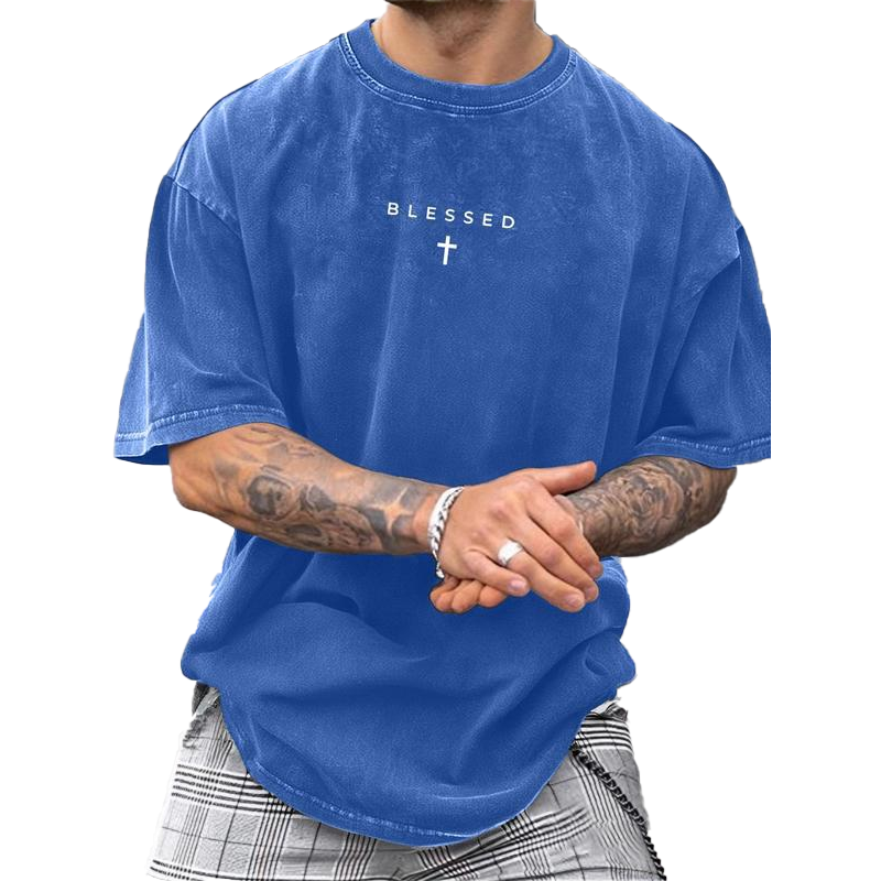 Men's Vintage T-Shirt with Cross & Letter Print