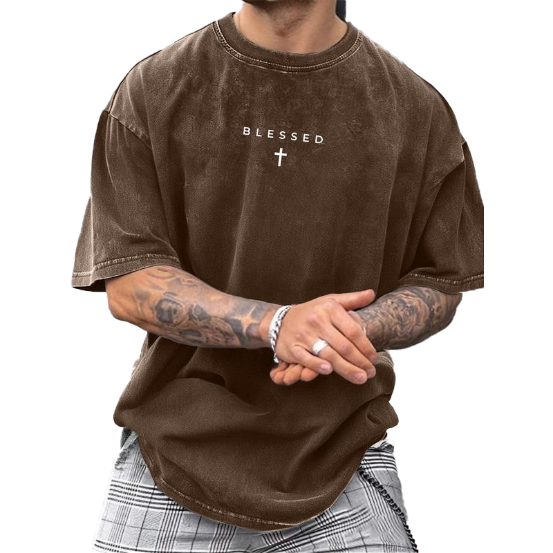 Men's Vintage T-Shirt with Cross & Letter Print