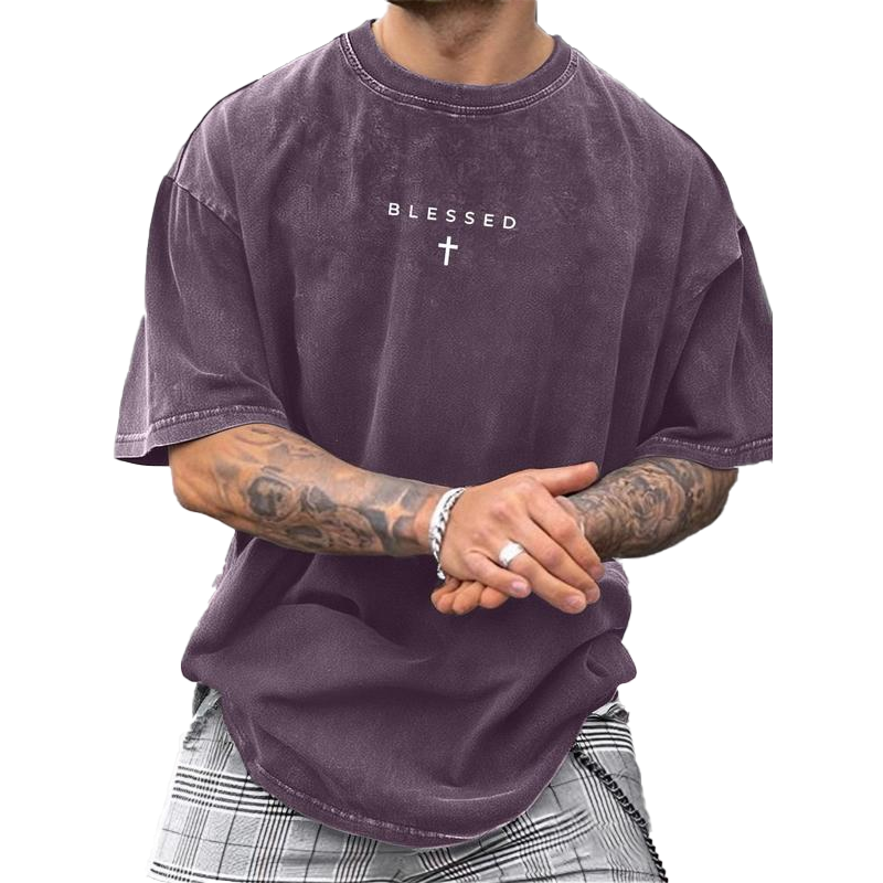 Men's Vintage T-Shirt with Cross & Letter Print