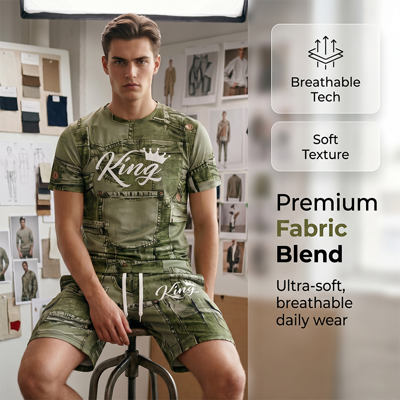 🎁2026 New Arrivals 50% OFF💥Mens Casual Faux Denim Print T Shirt Shorts Set