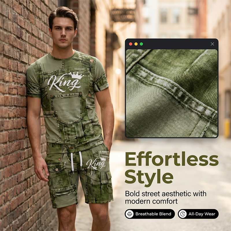 🎁2026 New Arrivals 50% OFF💥Mens Casual Faux Denim Print T Shirt Shorts Set