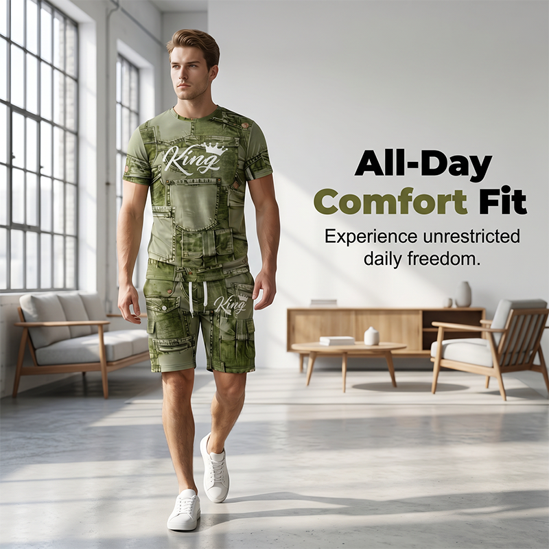 🎁2026 New Arrivals 50% OFF💥Mens Casual Faux Denim Print T Shirt Shorts Set