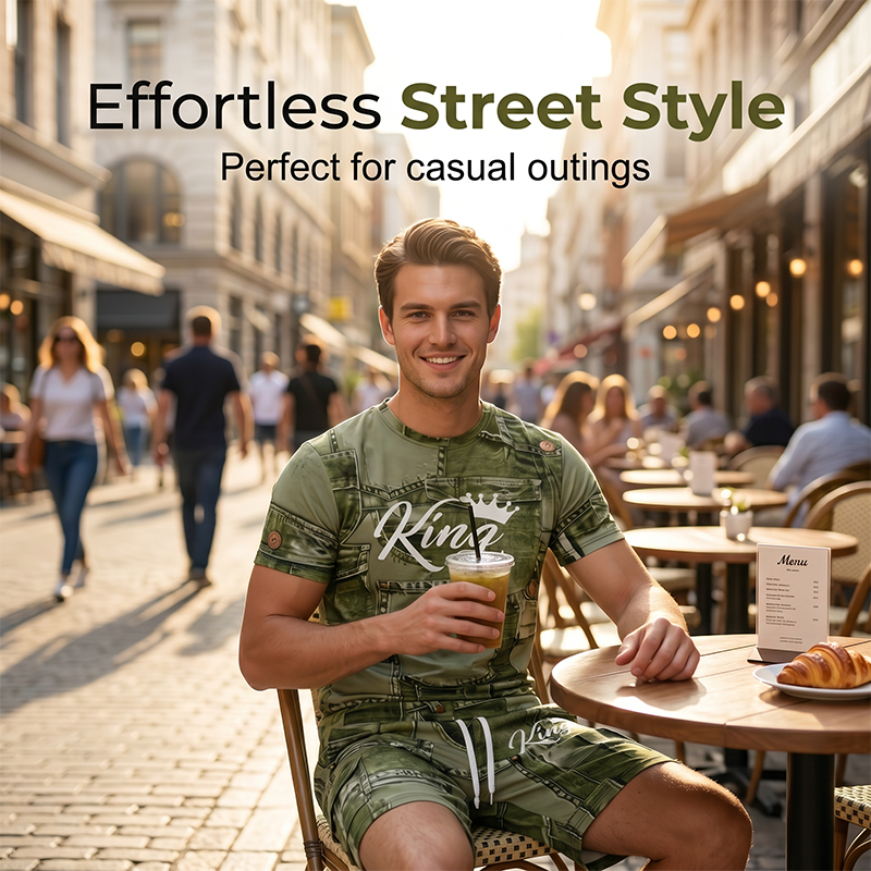 🎁2026 New Arrivals 50% OFF💥Mens Casual Faux Denim Print T Shirt Shorts Set