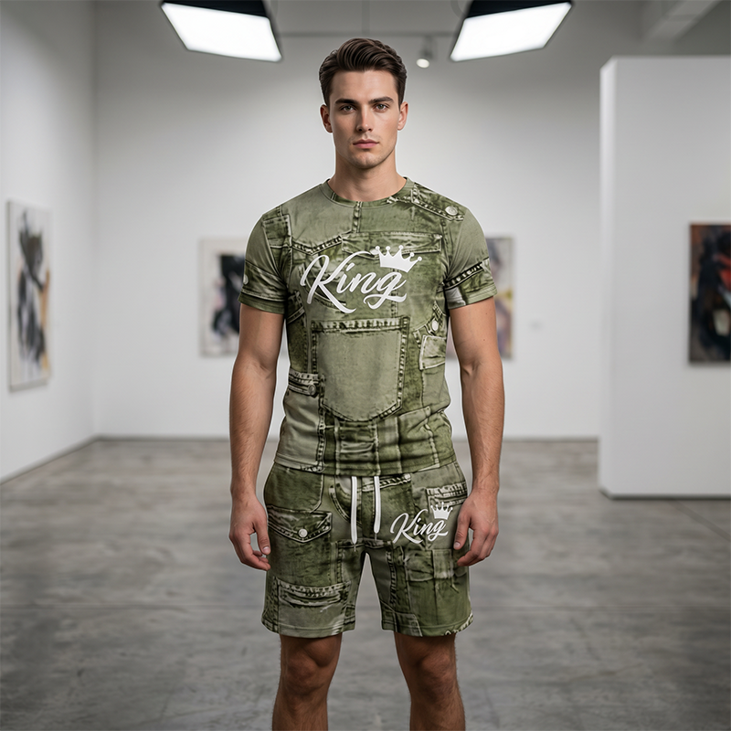 🎁2026 New Arrivals 50% OFF💥Mens Casual Faux Denim Print T Shirt Shorts Set