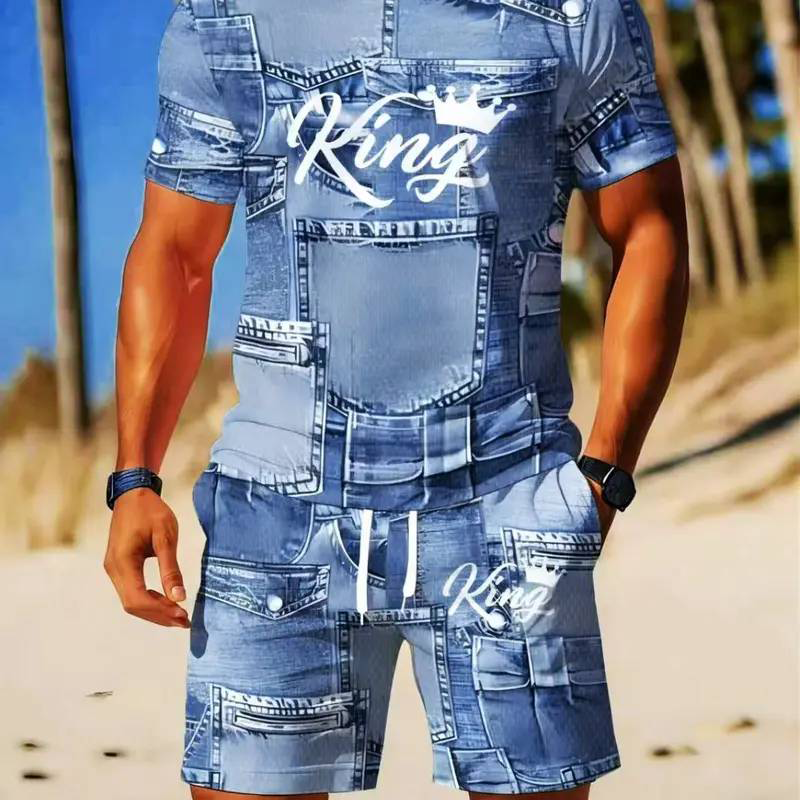 🎁2026 New Arrivals 50% OFF💥Mens Casual Faux Denim Print T Shirt Shorts Set