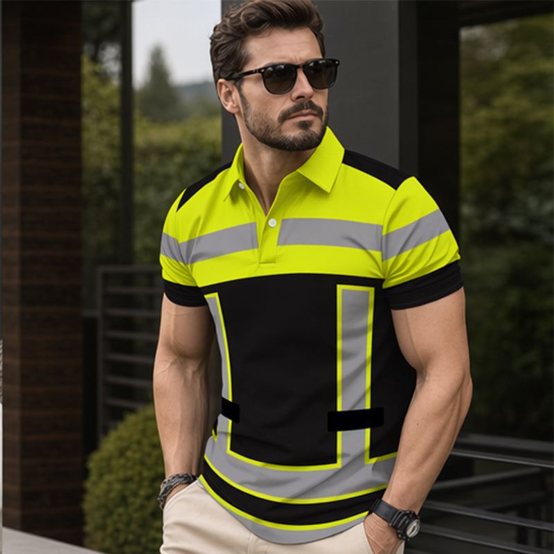 👕 Men's High Visibility Reflective Short Sleeve Shirt – Neon Blocks & Athletic Fit Cut ⏰